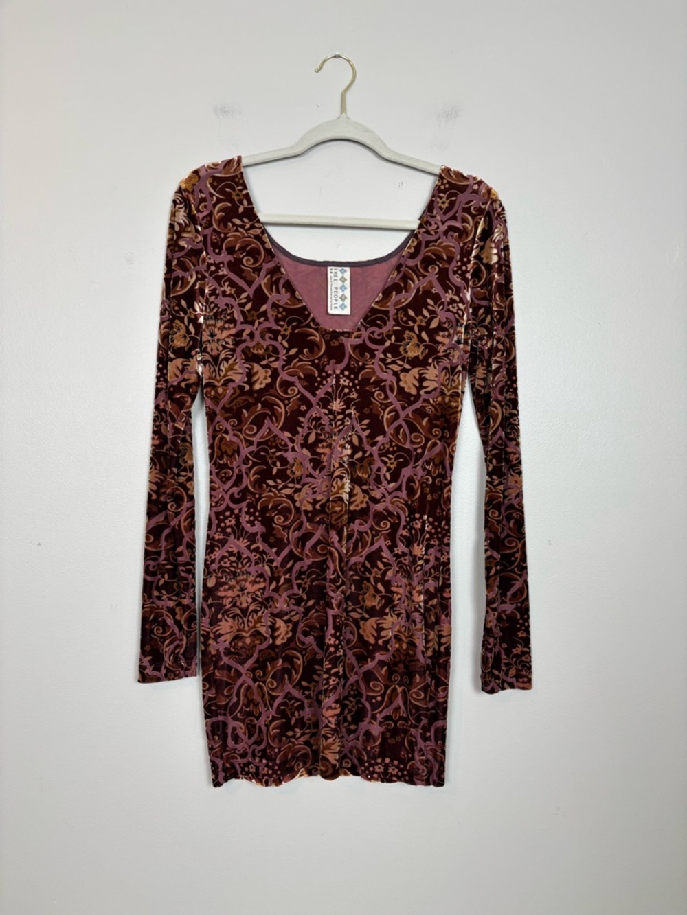 Free People Velvet Burnout Long Sleeve Bodycon Mini Dress Floral Burgundy Medium